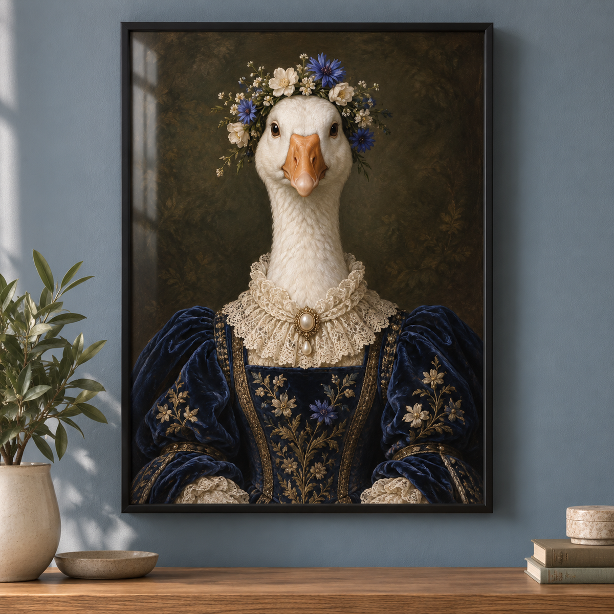 Lady Bluebell Goose print in a modern frame