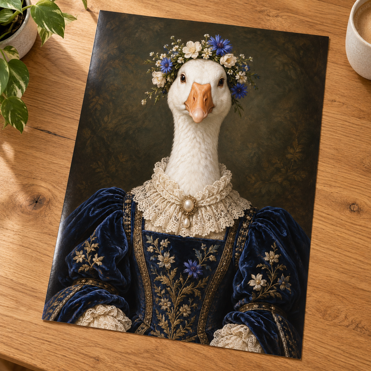 Lady Bluebell Goose print unframed on a wooden table