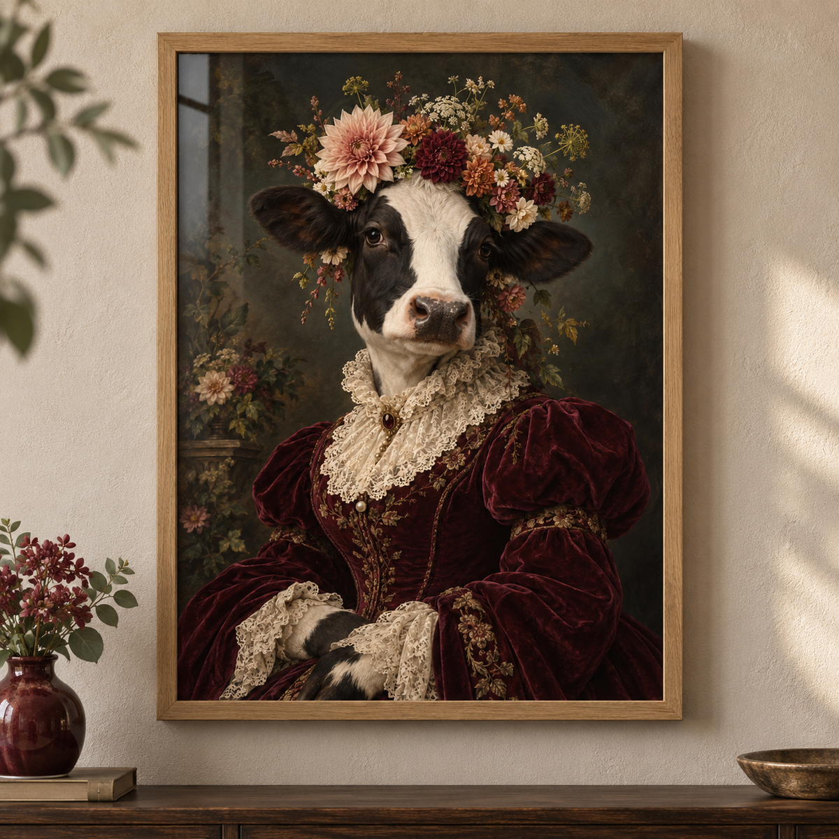 Lady Buttercup Cow print in a modern frame