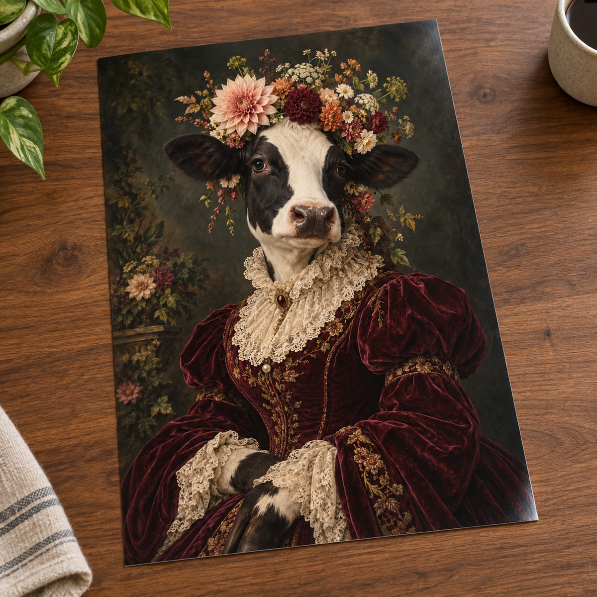 Lady Buttercup Cow print unframed on a wooden table