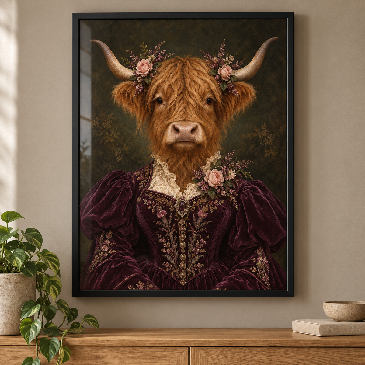 Lady Heather Highland Cow print in a modern frame