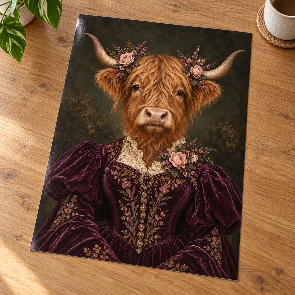 Lady Heather Highland Cow print unframed on a wooden table