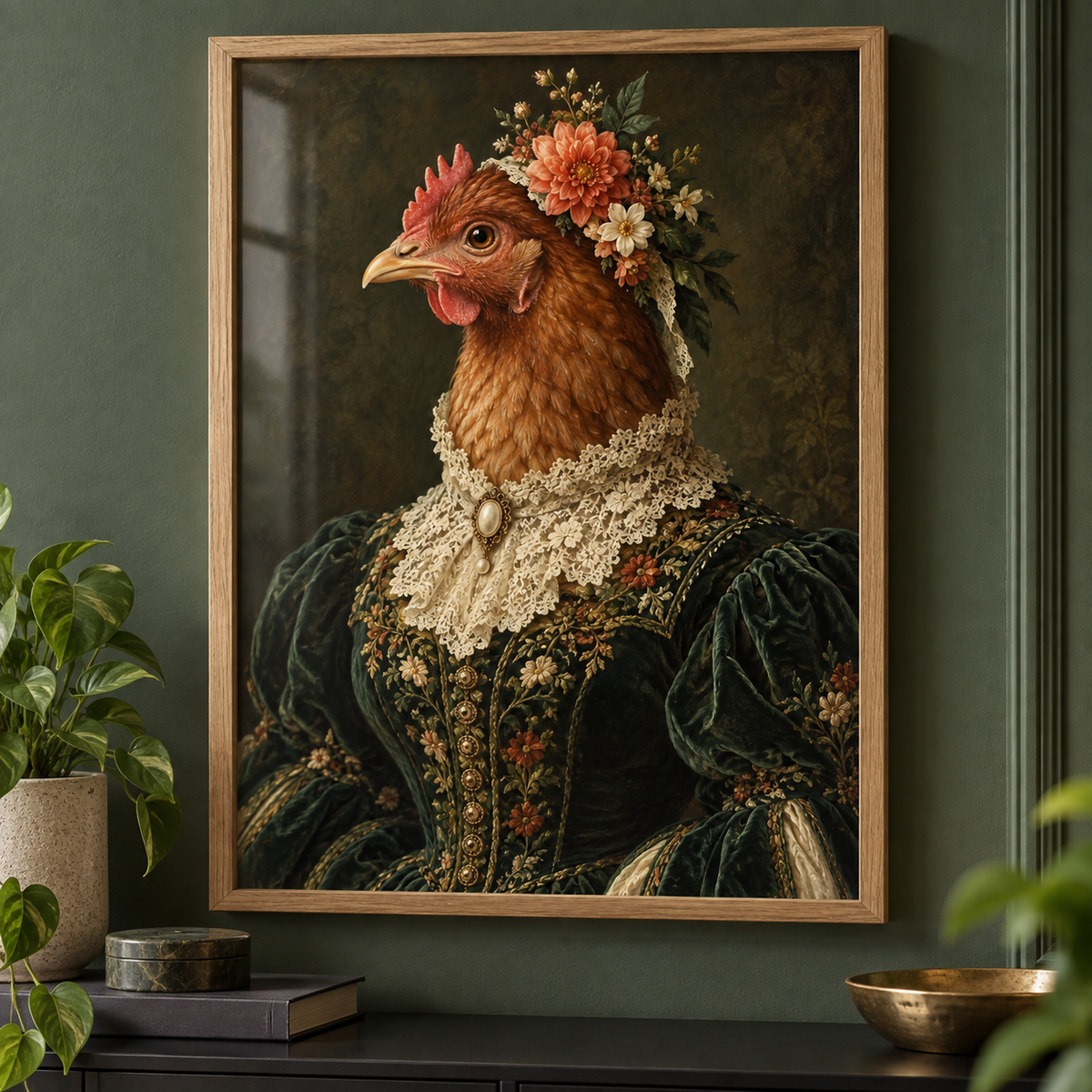 Lady Marigold Hen print in a modern frame