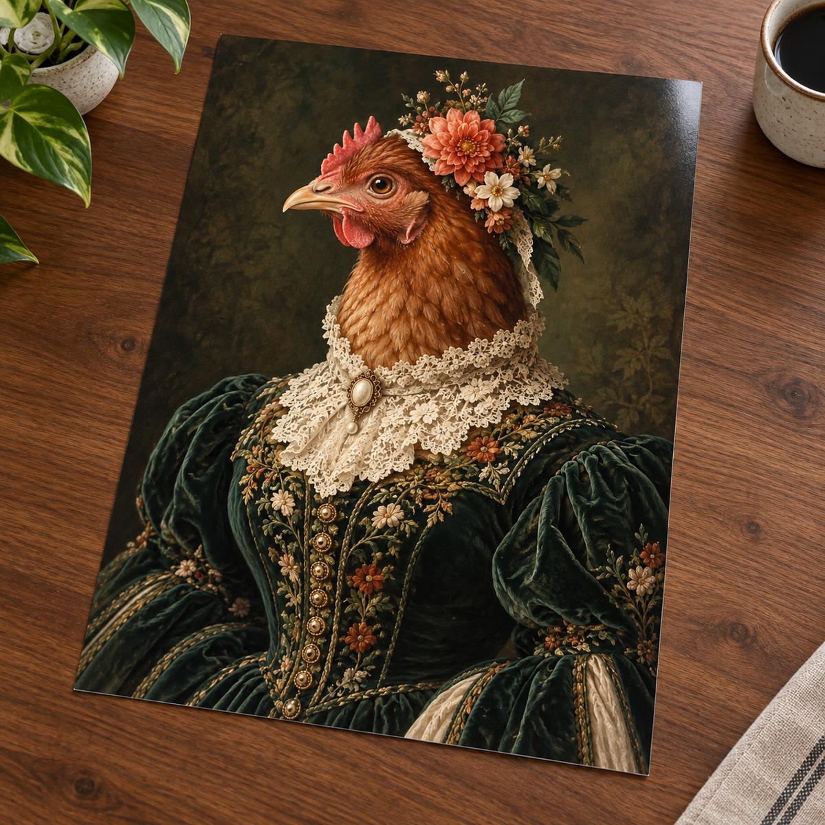 Lady Marigold Hen print unframed on a wooden table