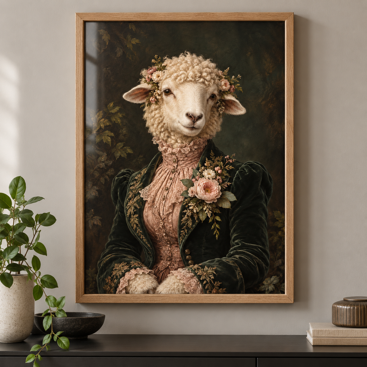 Lady Woolington Sheep print in a modern frame