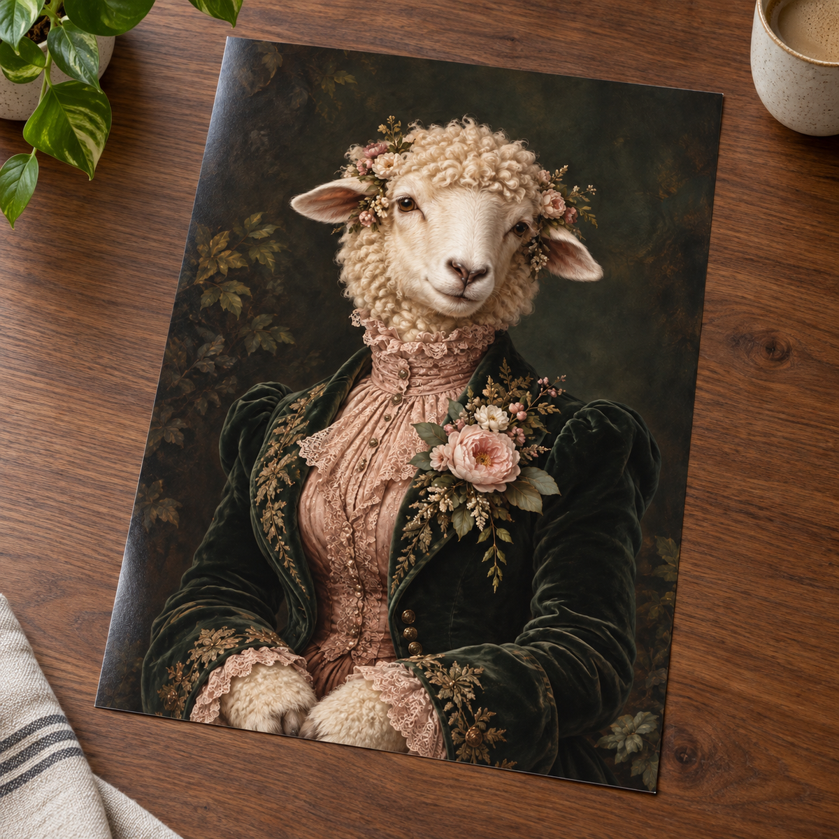 Lady Woolington Sheep print unframed on a wooden table