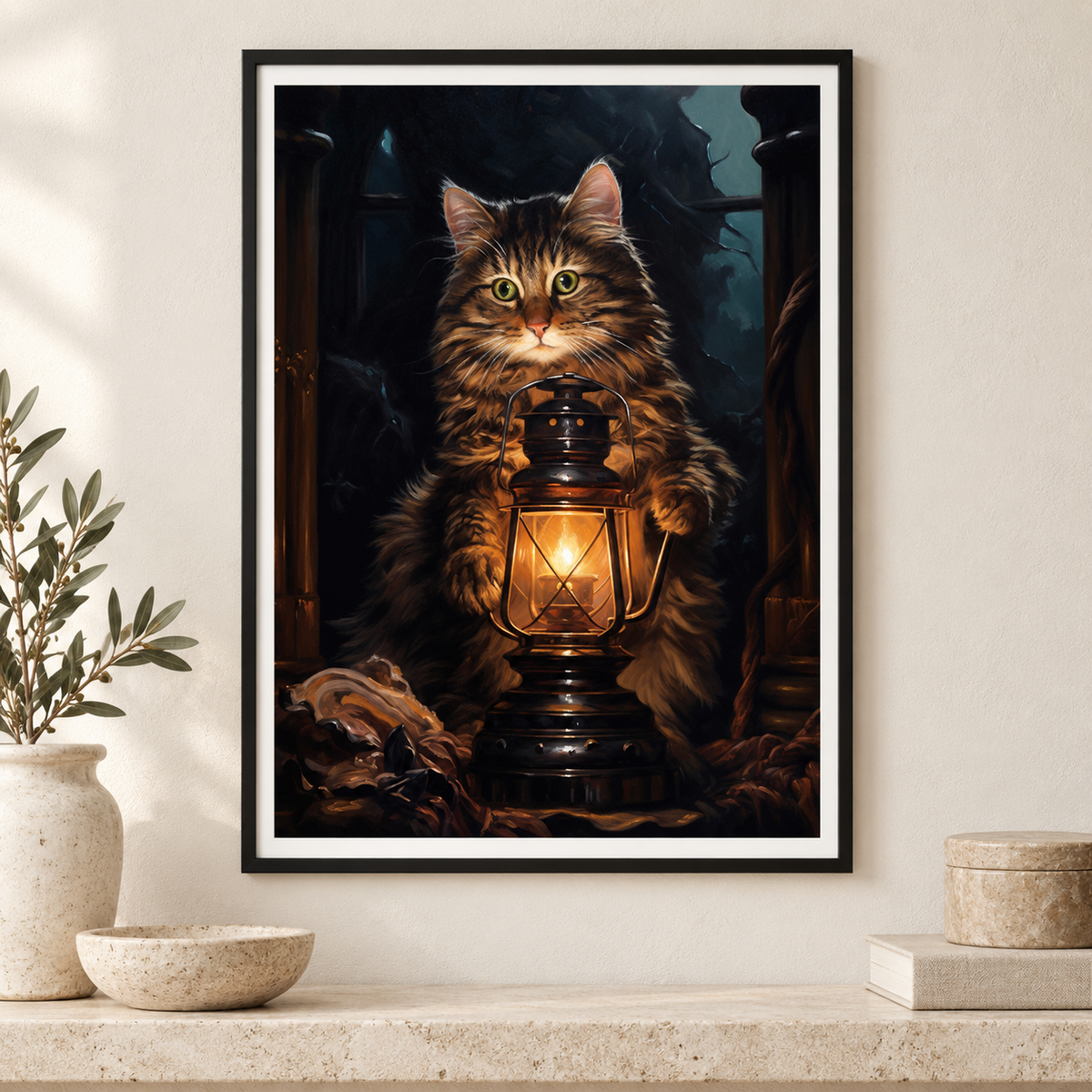 Lantern Light Cat art print in a slim black frame