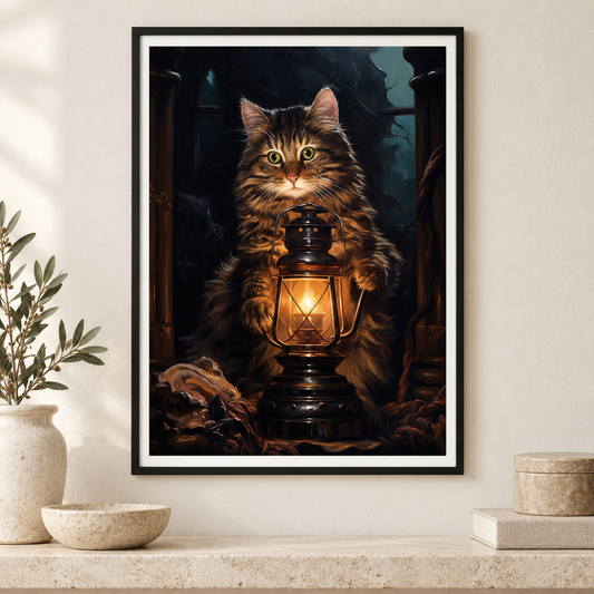 Lantern Light Cat art print in a slim black frame