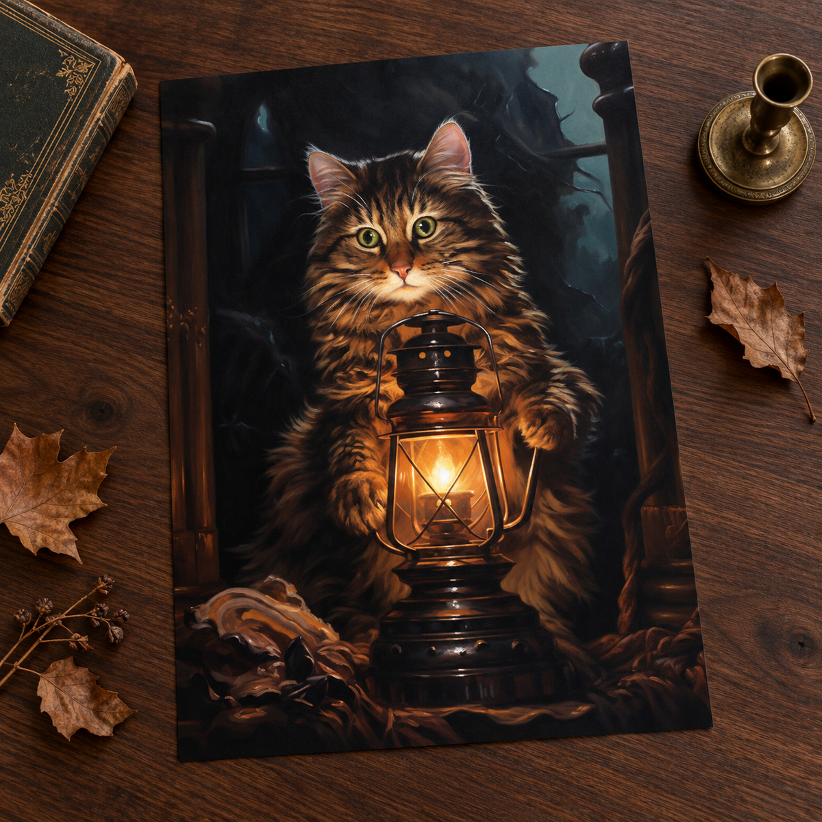 Borderless Lantern Light Cat art print laid on a dark wood surface
