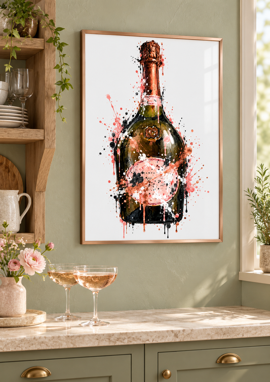 Laurent Perrier Rose splatter print framed on a kitchen wall