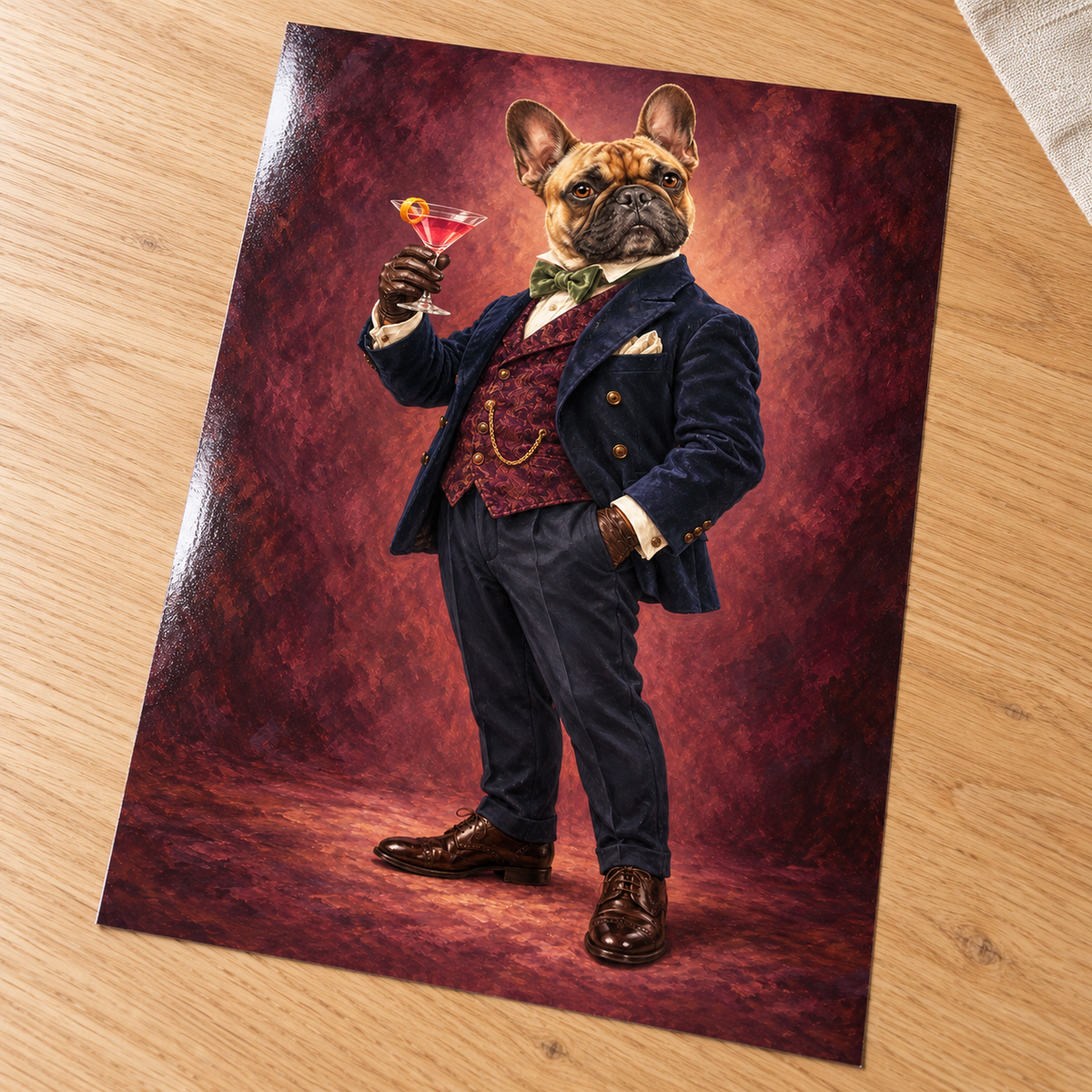 Le Chic Sip unframed glossy print on an oak table