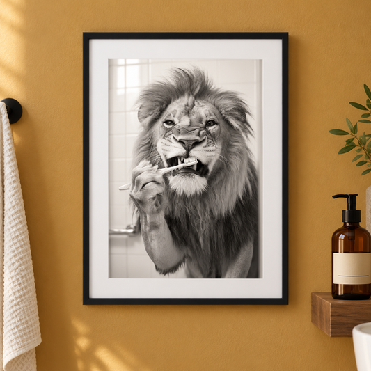 Lion Brushing Teeth bathroom print close-up framed mockup