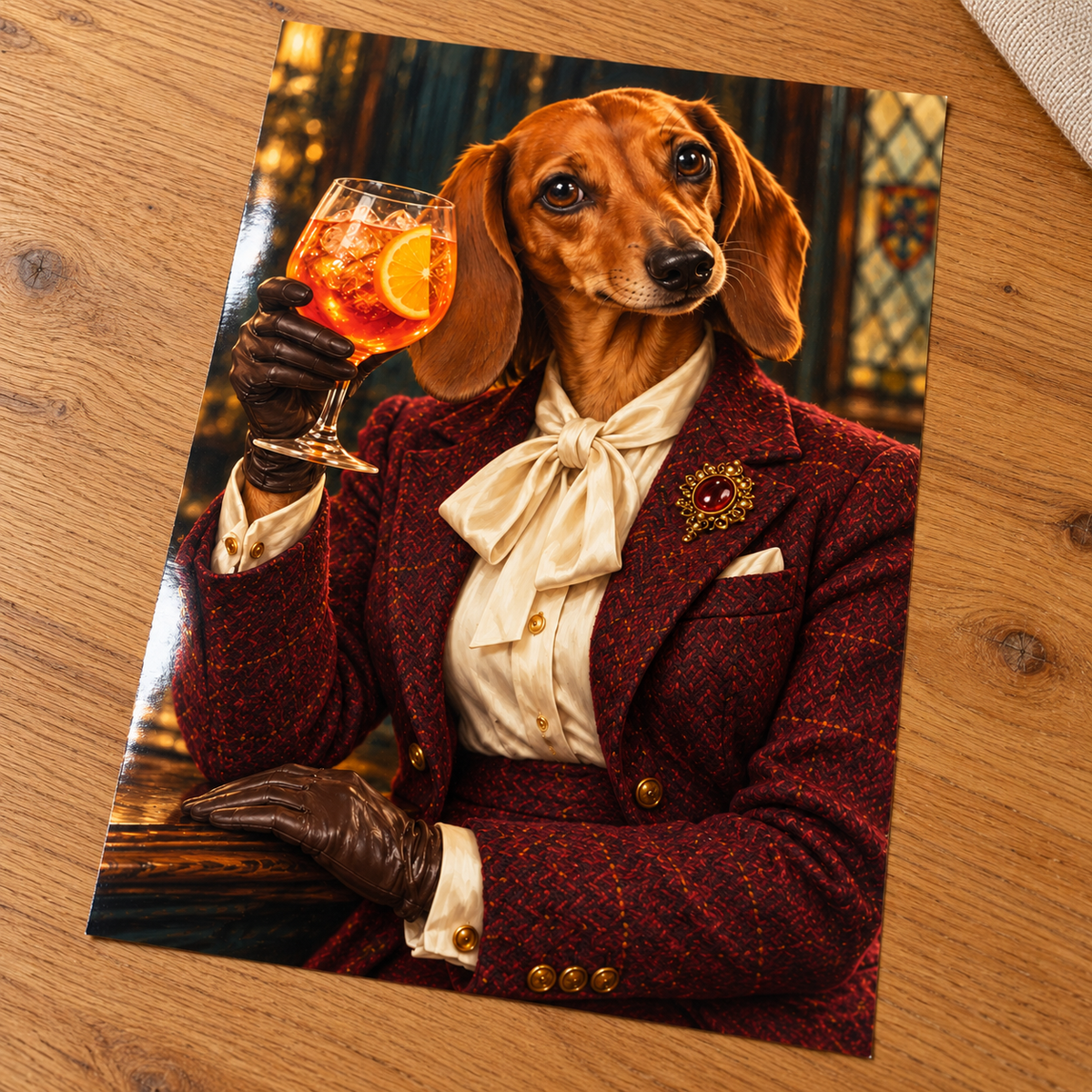 Little Miss Spritz unframed glossy print on an oak table