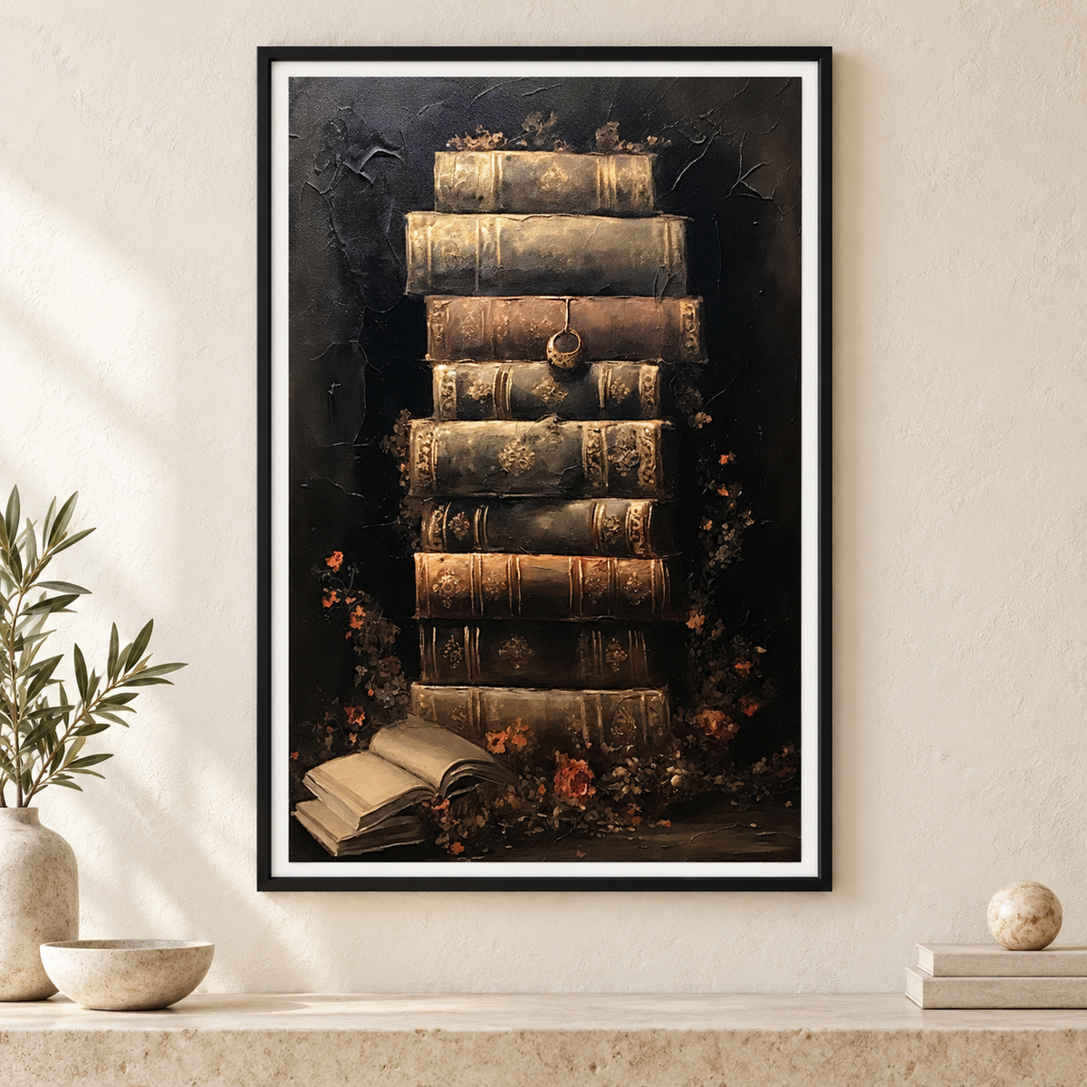 The Locked Library art print in a slim black frame