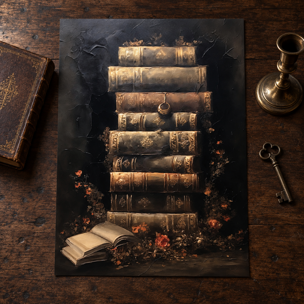 Borderless The Locked Library unframed art print on a dark walnut surface