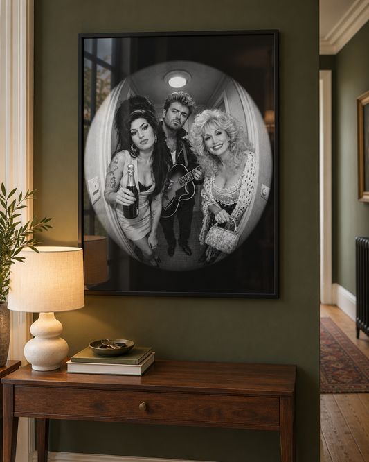 George Michael, Amy Winehouse and Dolly Parton peephole print in a black frame in an olive green hallway