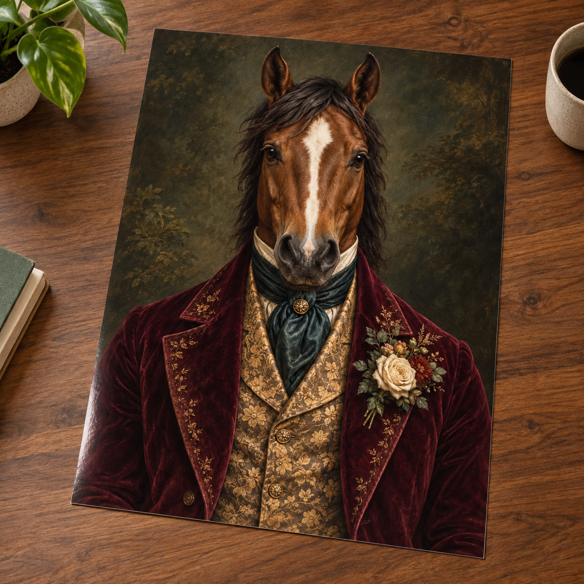 Lord Chestnut Horse print unframed on a wooden table
