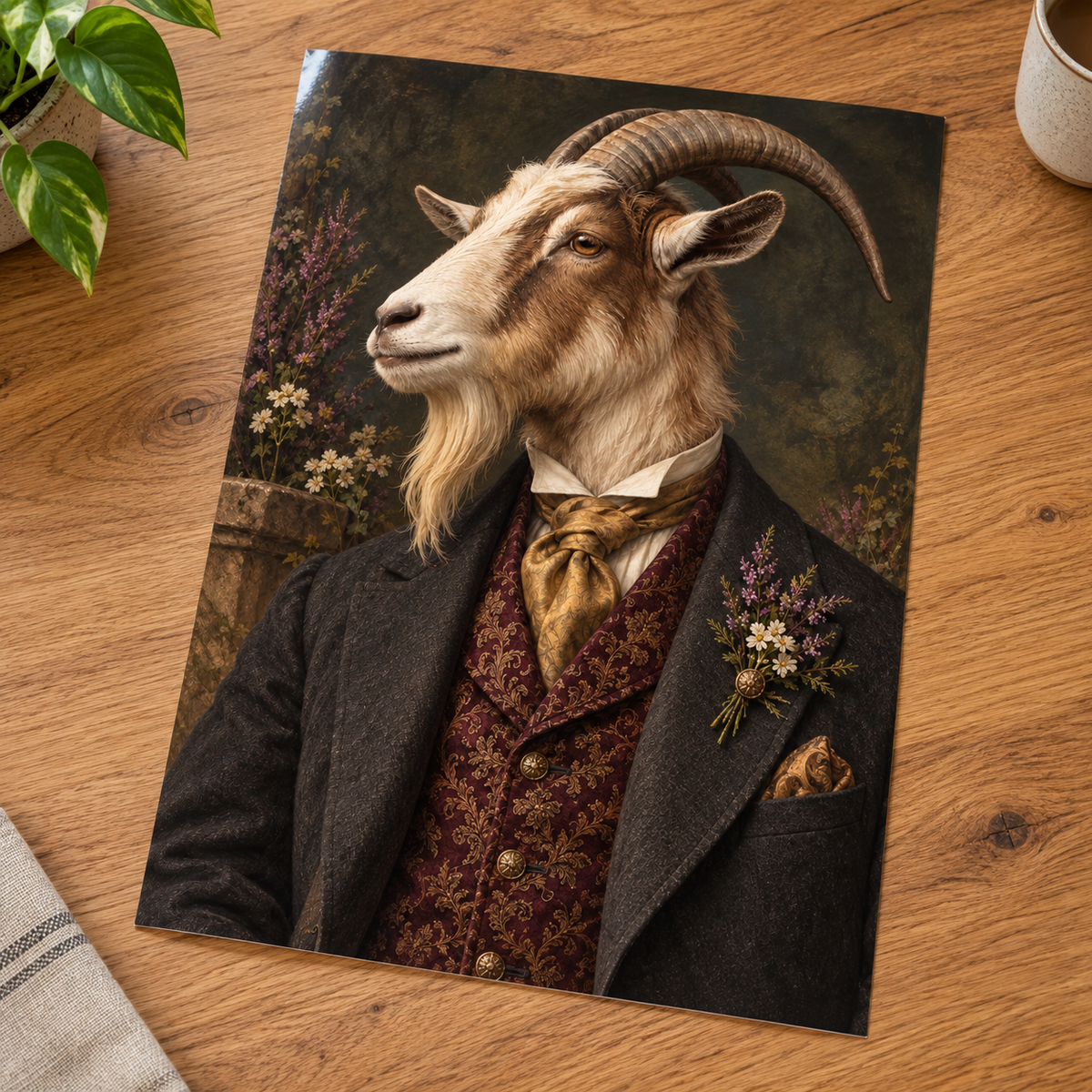 Lord Clover Goat print unframed on a wooden table