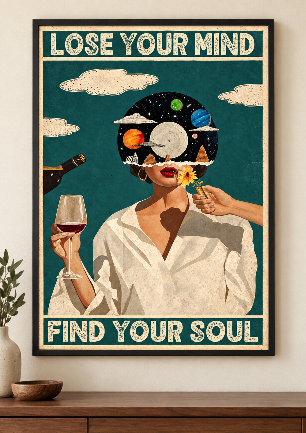 Lose Your Mind Find Your Soul art print in a black frame in a home