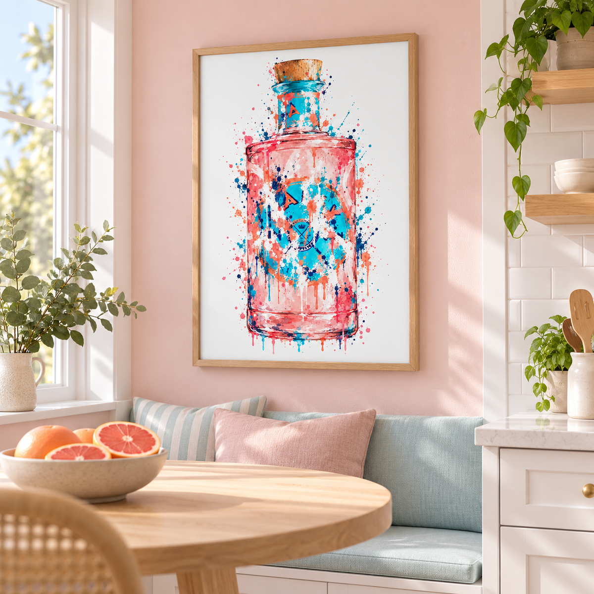 Malfy Gin Rosa splatter print framed on a kitchen wall