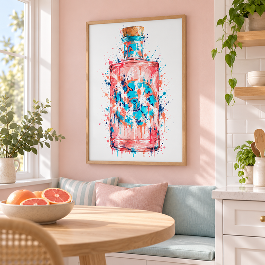 Malfy Gin Rosa splatter print framed on a kitchen wall