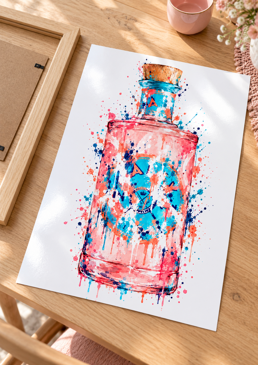 Malfy Gin Rosa splatter print unframed on glossy photo card, ready to frame