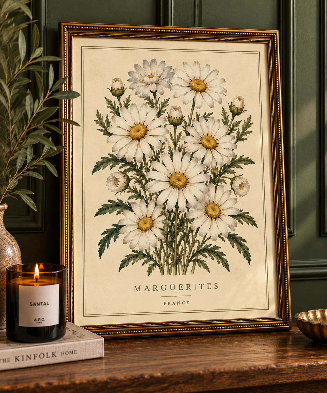 Marguerites vintage daisy botanical print in ornate gold frame