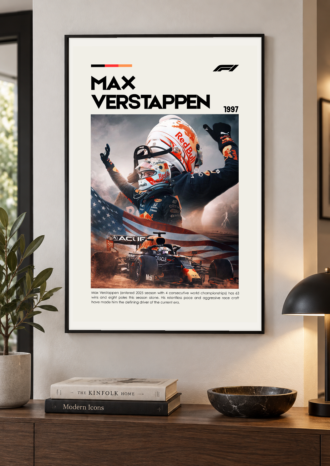 Max Verstappen Motorsport Print using the original artwork inside a black frame above a hallway console. Print supplied unframed.