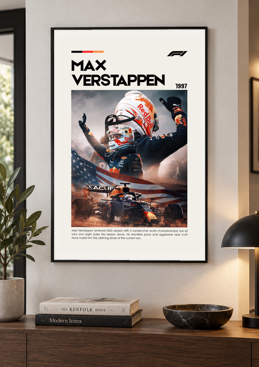 Max Verstappen Motorsport Print using the original artwork inside a black frame above a hallway console. Print supplied unframed.