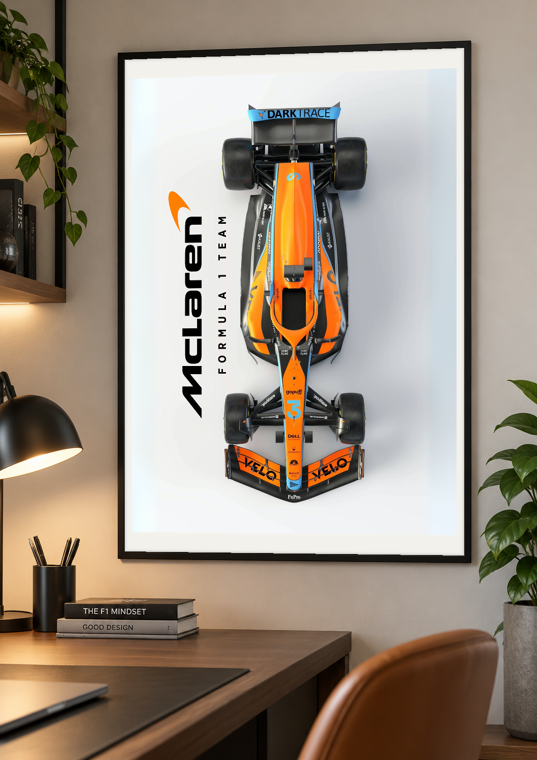 McLaren Racing Print using the complete original artwork inside a black frame on a study wall. Print supplied unframed.
