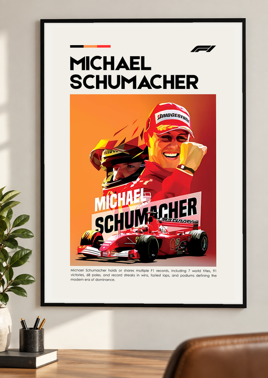 Michael Schumacher Motorsport Print using the original artwork inside a black frame in a home office. Print supplied unframed.