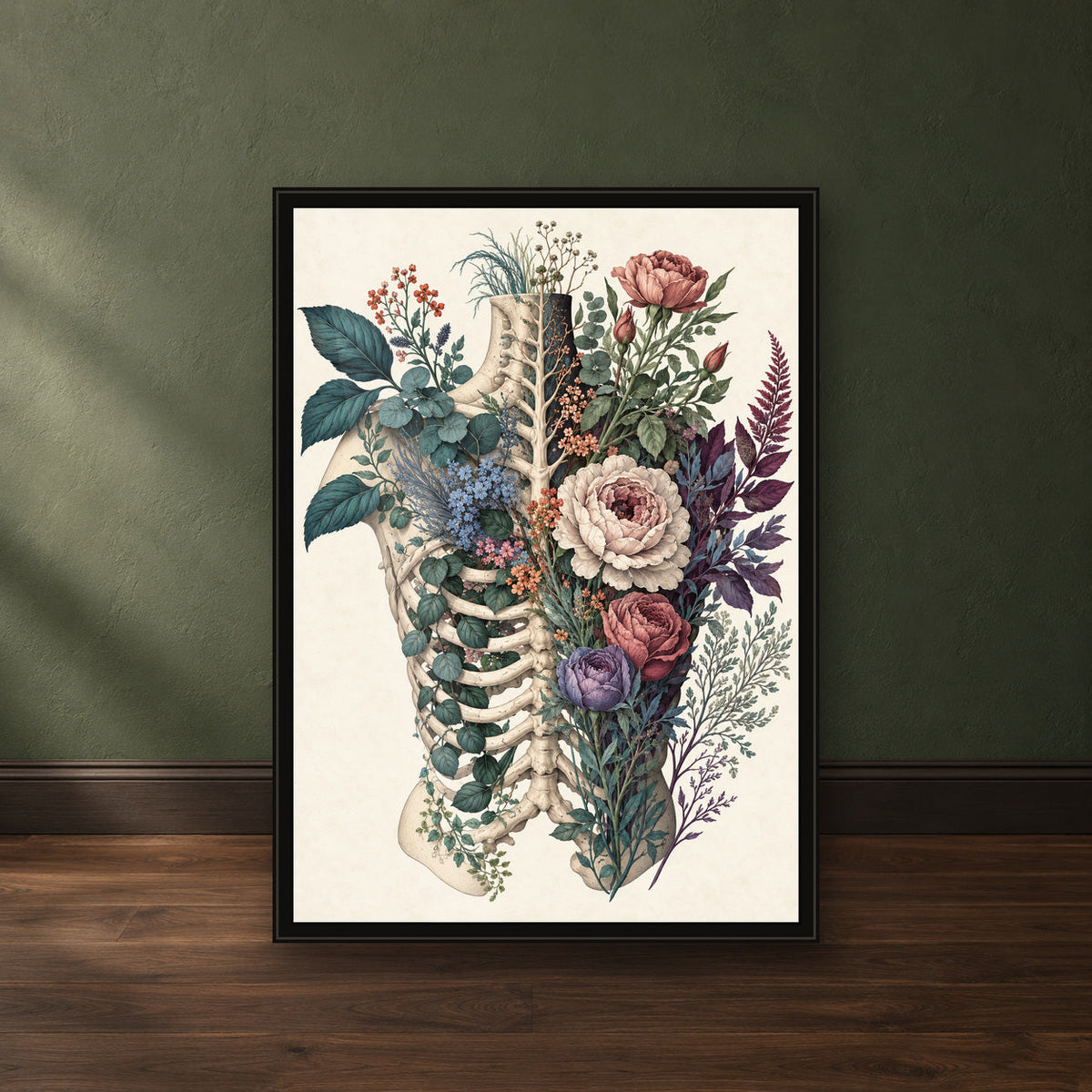 Midnight Bloom Anatomy Print – close-up black frame leaning against a green wall