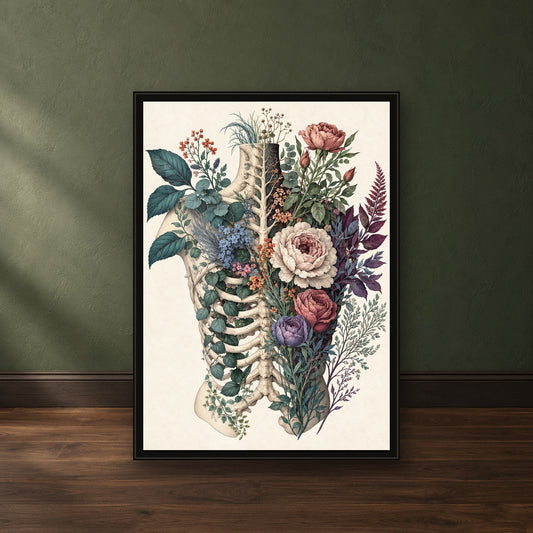 Midnight Bloom Anatomy Print – close-up black frame leaning against a green wall
