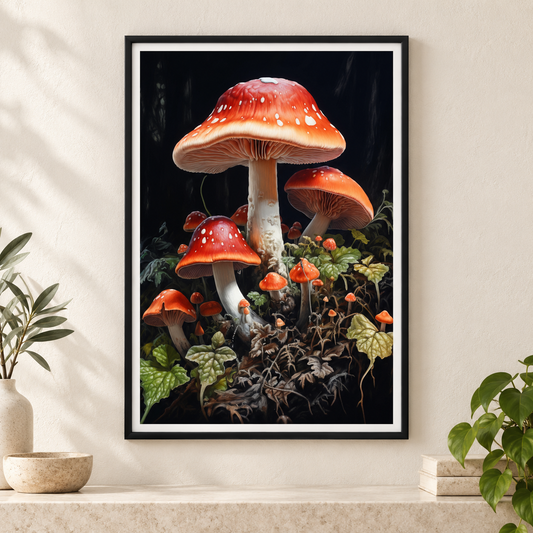Midnight Toadstools art print in a slim black frame