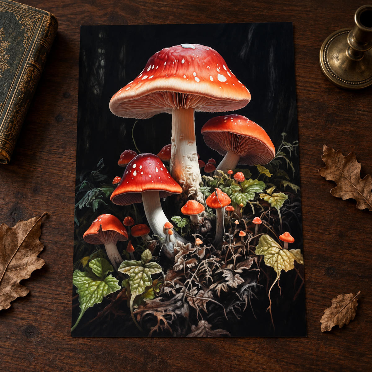 Borderless Midnight Toadstools unframed art print on a dark walnut surface