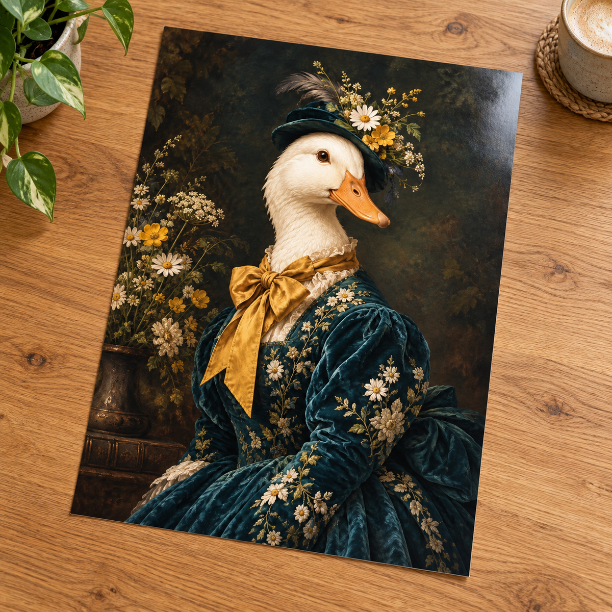 Miss Puddleworth Duck print unframed on a wooden table