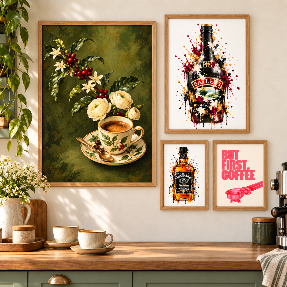 Kitchen gallery wall with botanical espresso cup, But First Coffee, Jack Daniels and Baileys prints