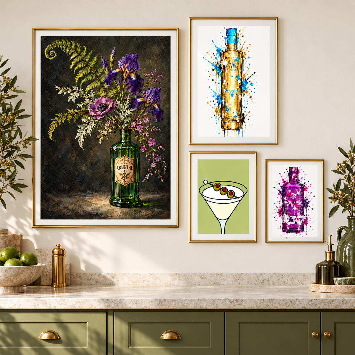 Green kitchen gallery wall with botanical absinthe, olive martini, Au vodka and Whitley Neill prints