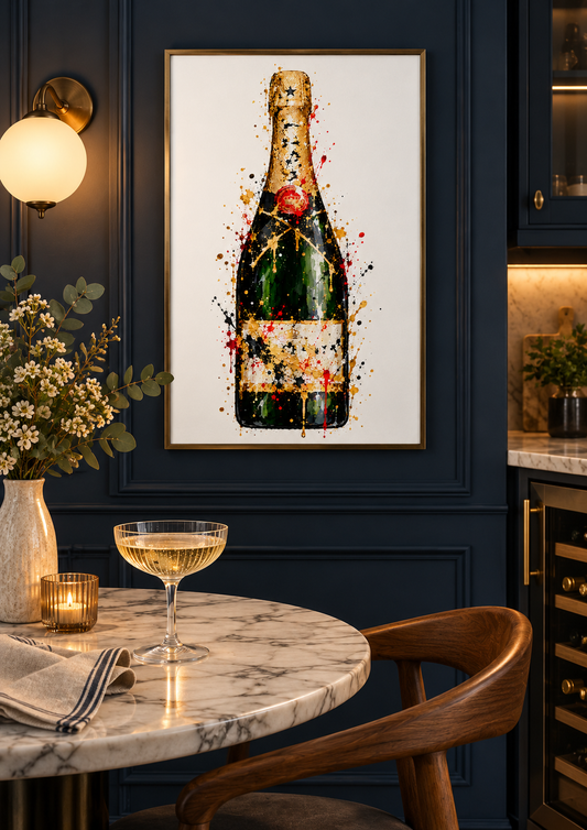 Moet Champagne splatter print framed on a kitchen wall