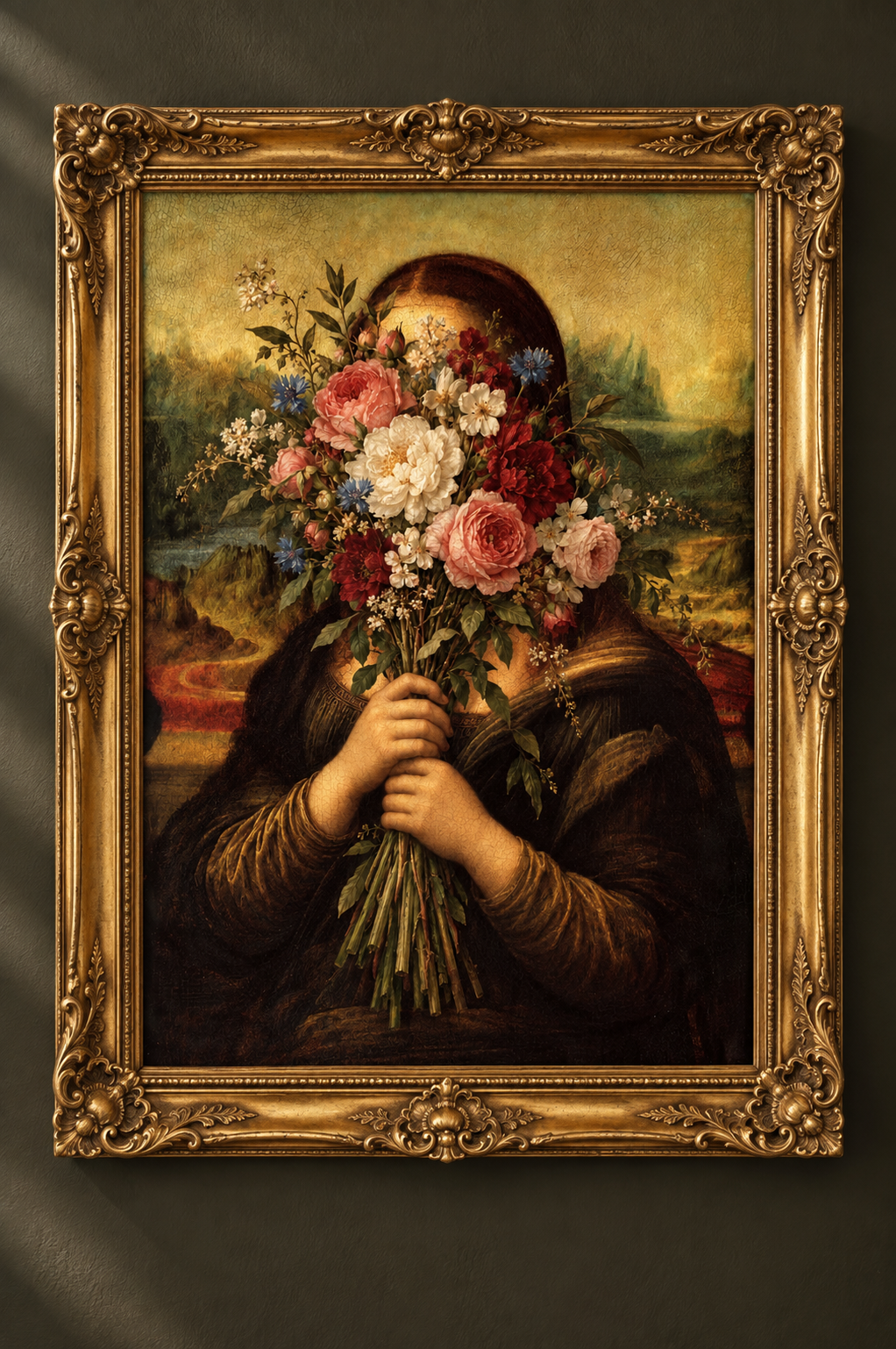 Mona in Bloom art print in an ornate vintage gold frame