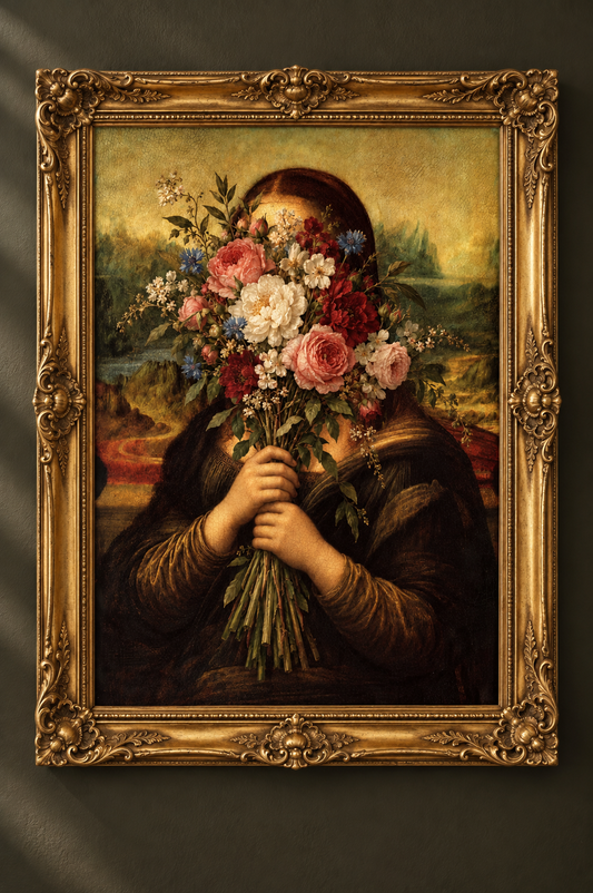 Mona in Bloom art print in an ornate vintage gold frame