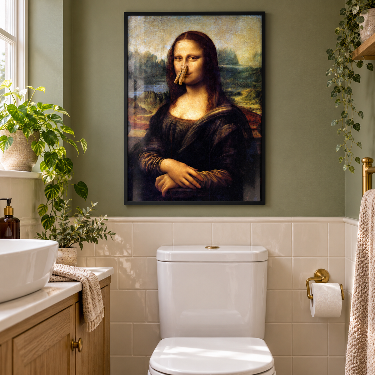 Mona Lisa with a clothes peg on her nose framed above a toilet