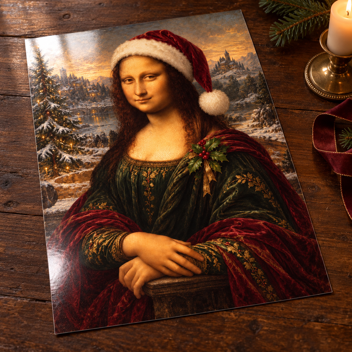 Mona Merry unframed glossy art print laid on a wooden table