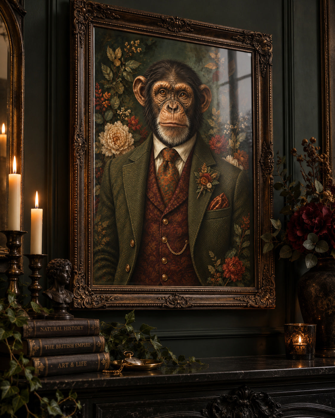 Monkey Business vintage botanical chimpanzee print in an ornate frame on a dark wall, with glass reflections. Frame not included.