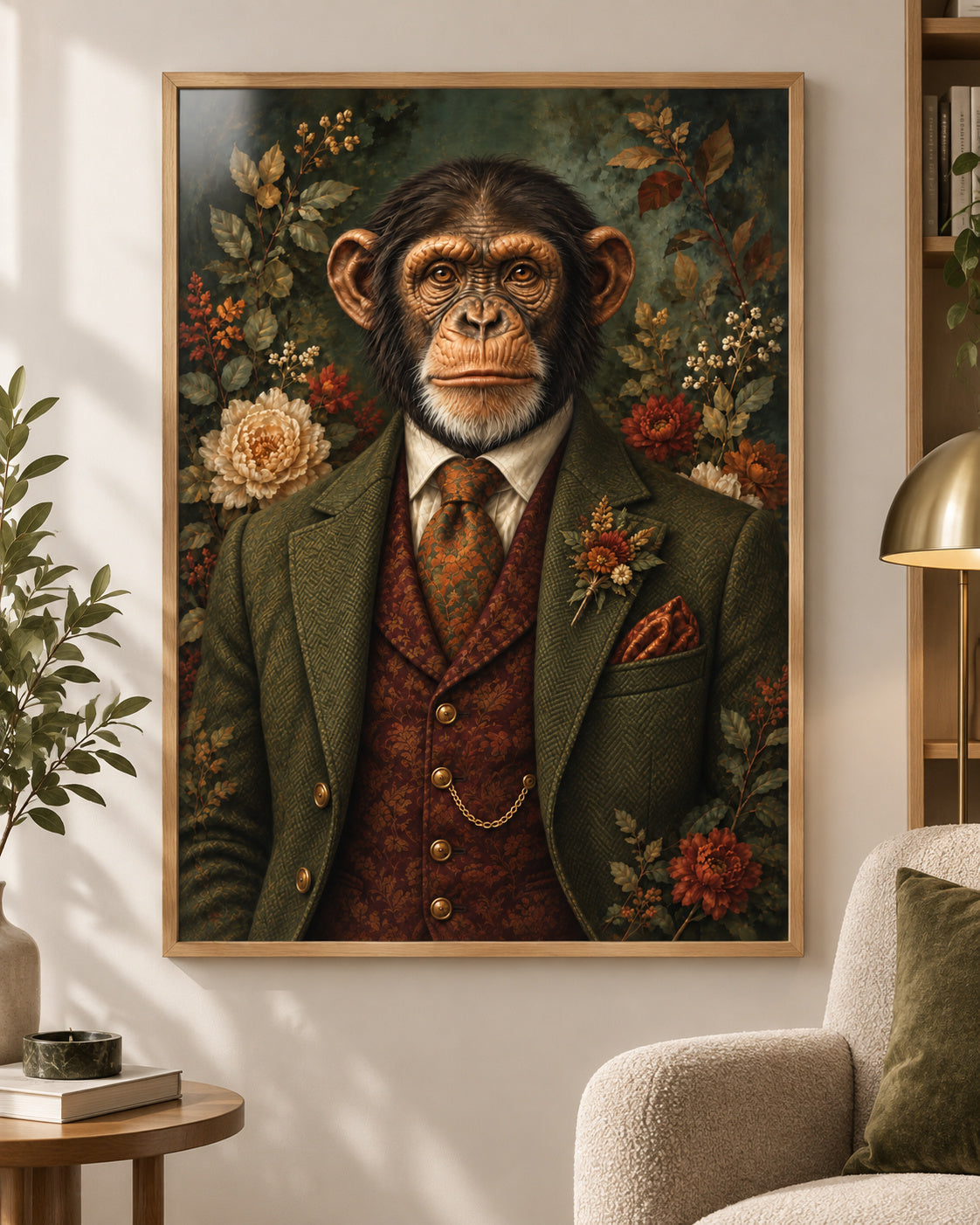 Monkey Business chimpanzee art print in a modern oak frame beside a cosy reading chair. Frame not included.