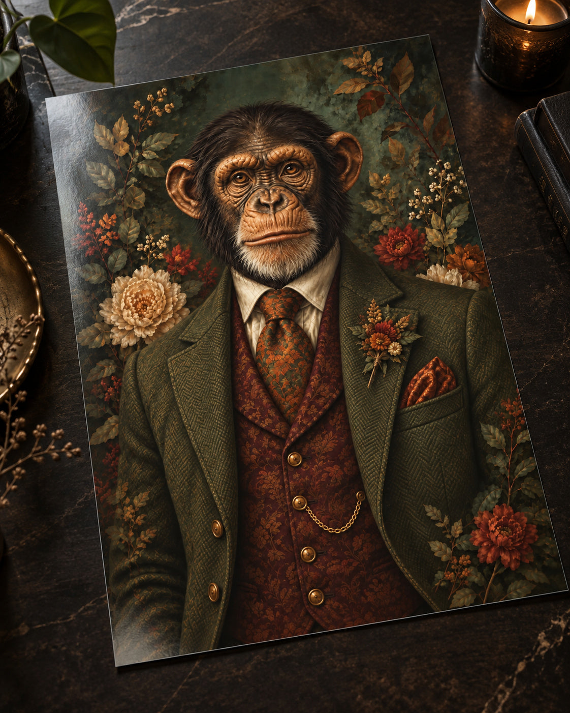 Monkey Business chimpanzee in an olive jacket and burgundy waistcoat, shown as an unframed glossy print on a dark table.