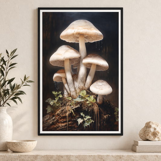Moonlit White Mushrooms art print in a slim black frame