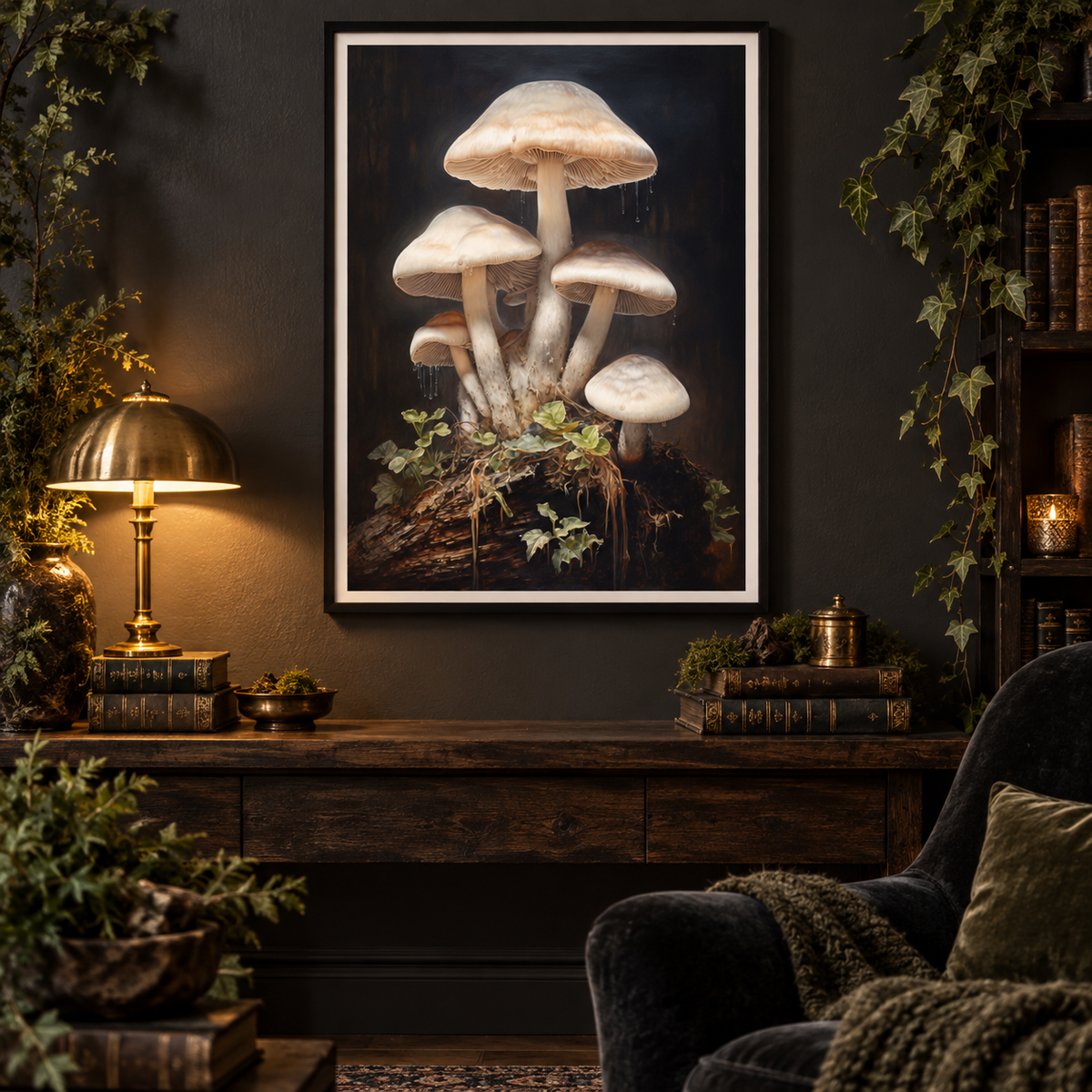 Moonlit White Mushrooms art print in a moody woodland reading nook