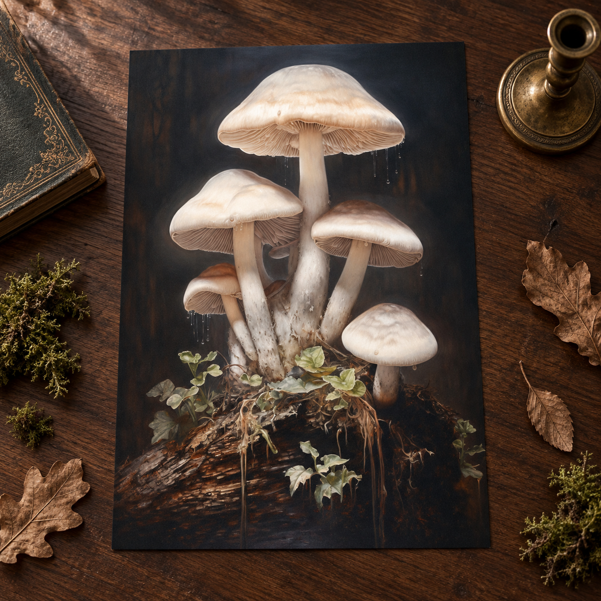Borderless Moonlit White Mushrooms art print laid on a dark wood surface