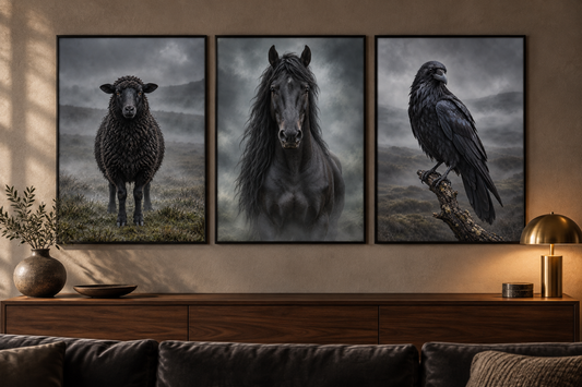 Moorland Shadows – Black Sheep, Black Horse, Raven art prints framed side by side in a room